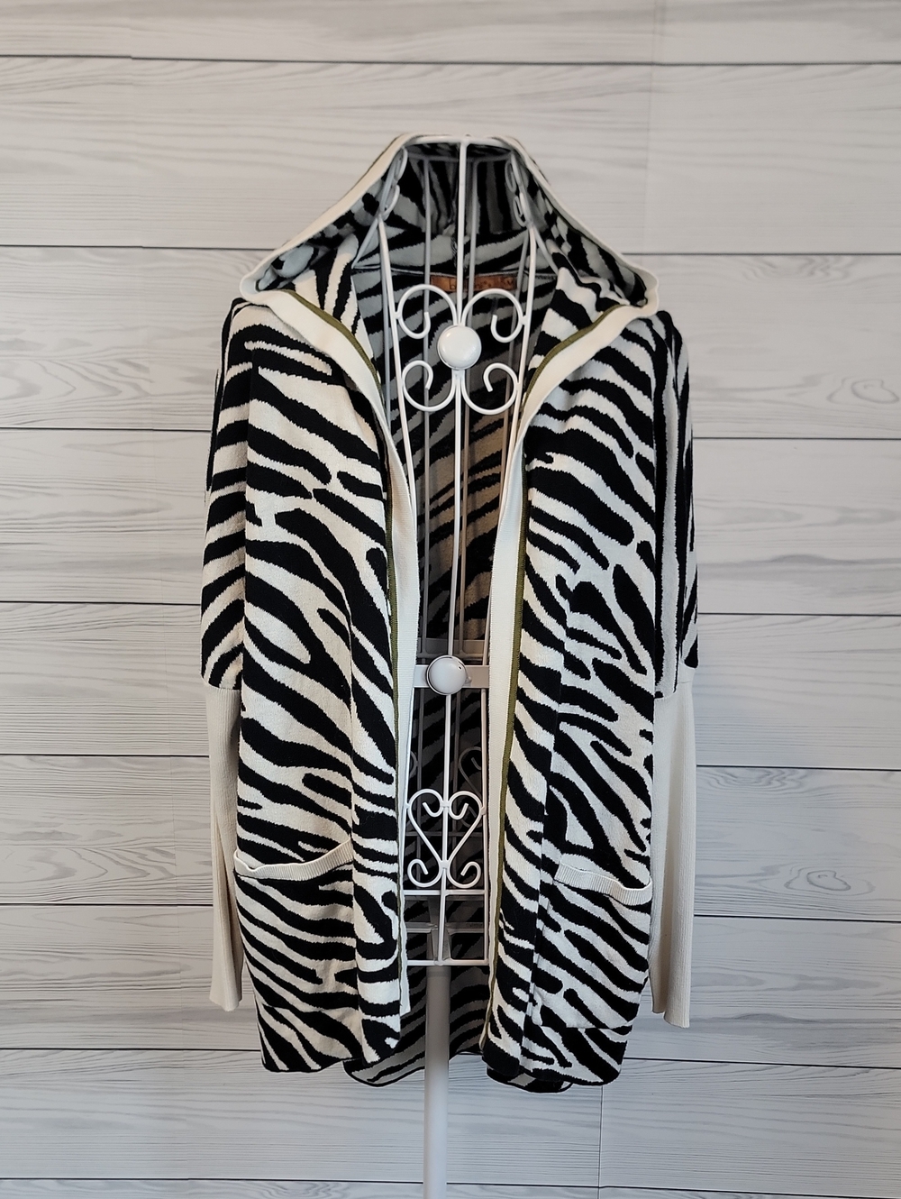Belldini Zebra Striped Cardigan Open Front- Black & White Womens Size M